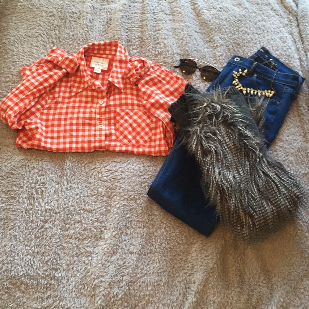 NWT: M- Orange and White Plaid Button Down Shirt